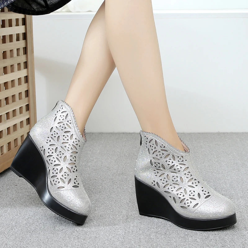 Genuine Leather Rhinestones Summer New Mesh Boots For Women