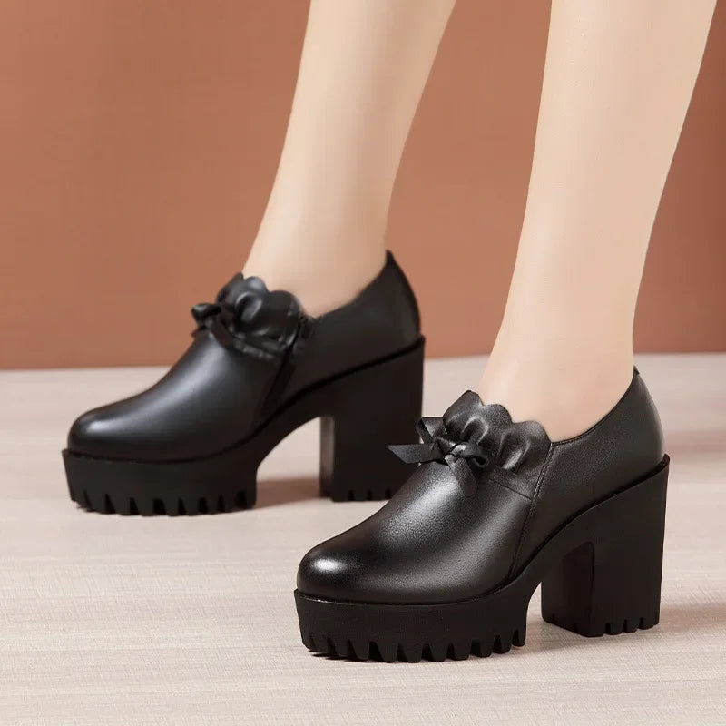 Deep Mouth Black Genuine Leather High Heels Women Shoes
