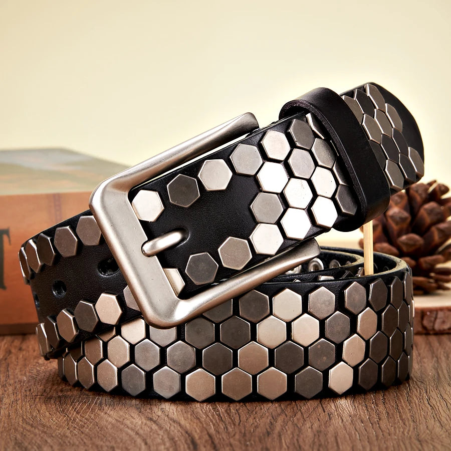 3.8cm Width Men Rivet Studded Belt Punk With Pin Buckle