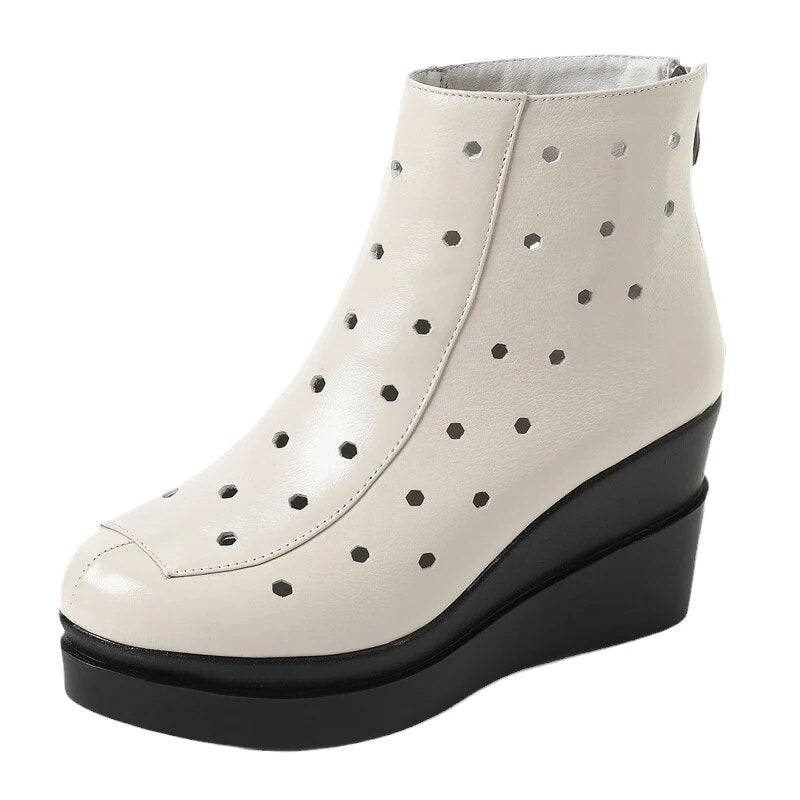 Genuine Leather Wedges Platform Zipper Soft Women Ankle Boots