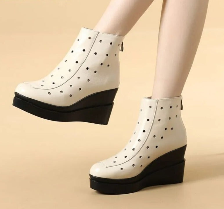 Genuine Leather Wedges Platform Zipper Soft Women Ankle Boots