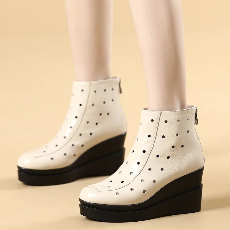 Genuine Leather Wedges Platform Zipper Soft Women Ankle Boots