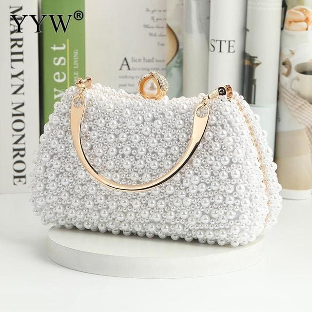 Luxury Pearl Crystal Wedding Clutch White