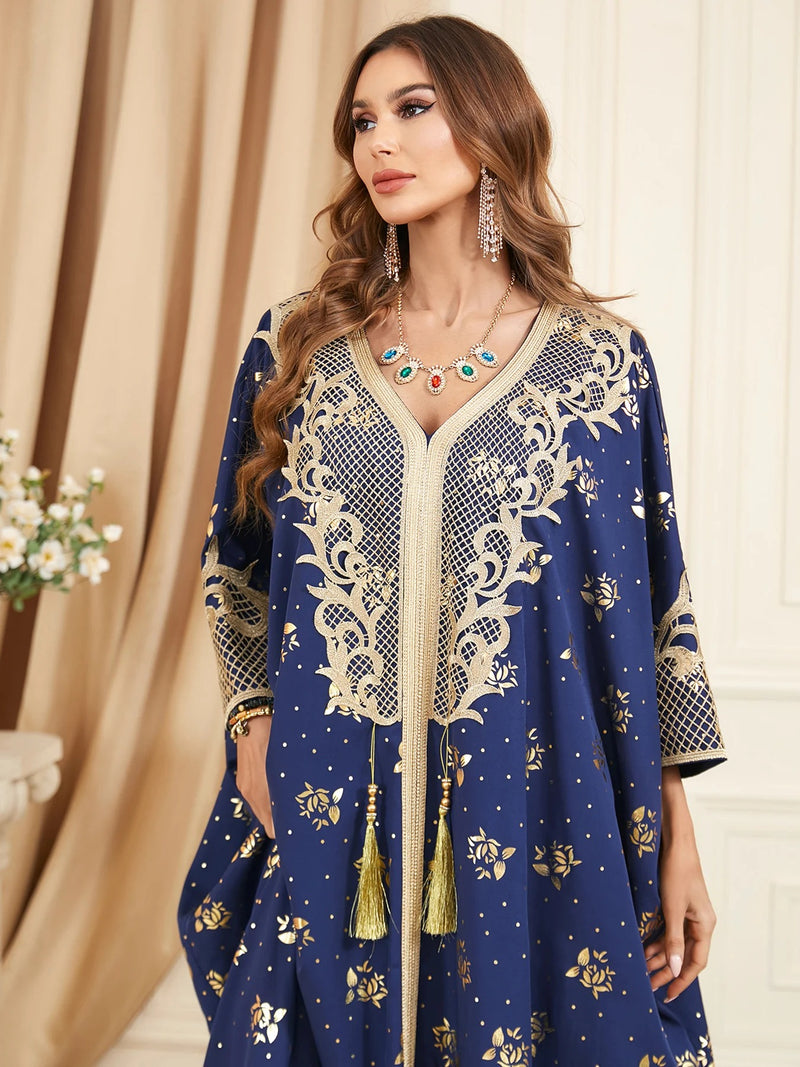 Embroidered V-Neck Batwing Sleeve Kaftan Abaya Party Gowns