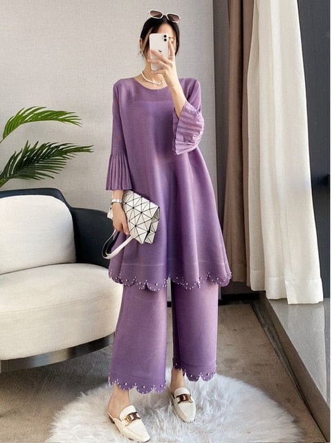 Miyake Beading Pleated 2 Pieces Set For Women Dresses
