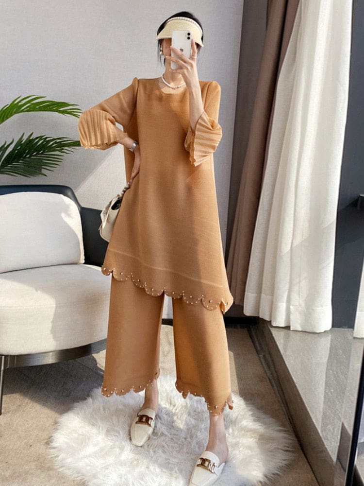 Miyake Beading Pleated 2 Pieces Set For Women One Size / Coffee Dresses