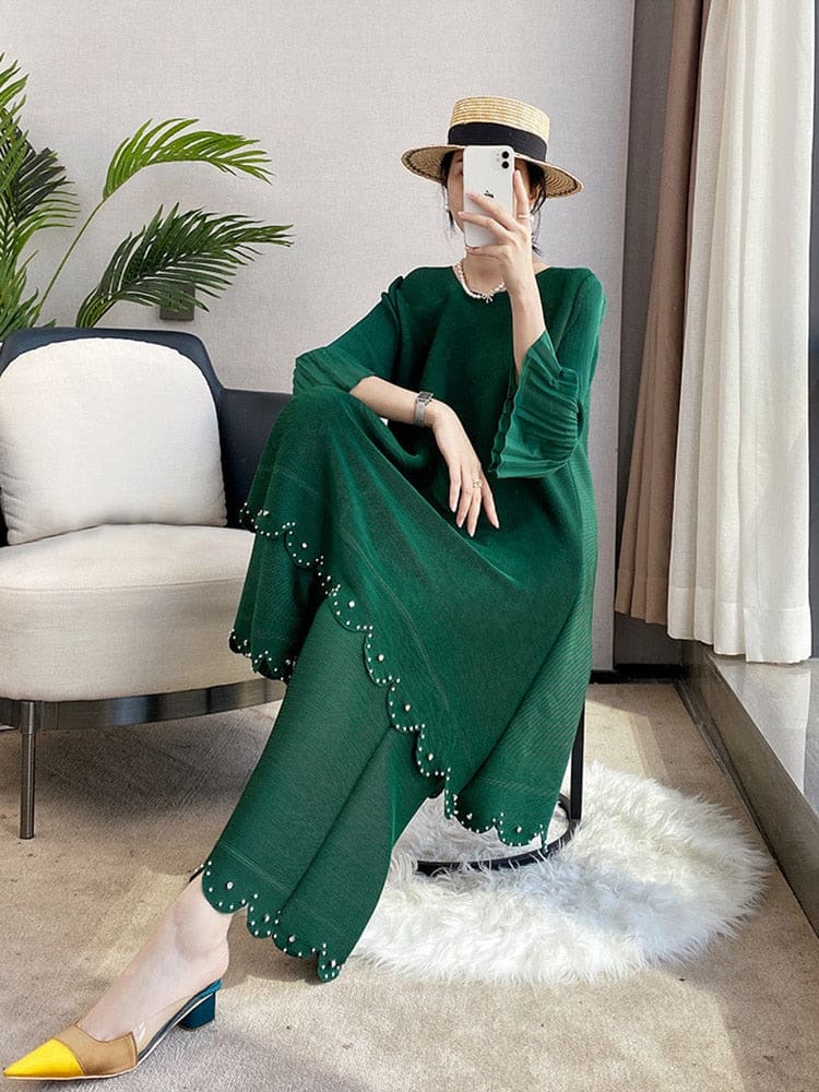 Miyake Beading Pleated 2 Pieces Set For Women One Size / Green Dresses