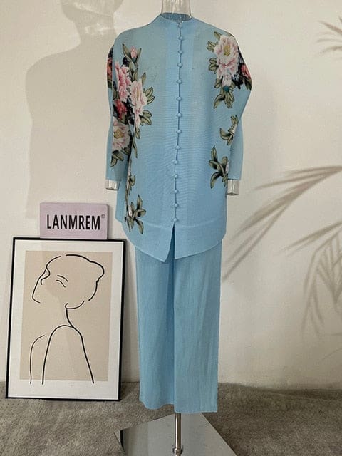 Miyake Pleated Floral Print Women Set CO ORD Sets