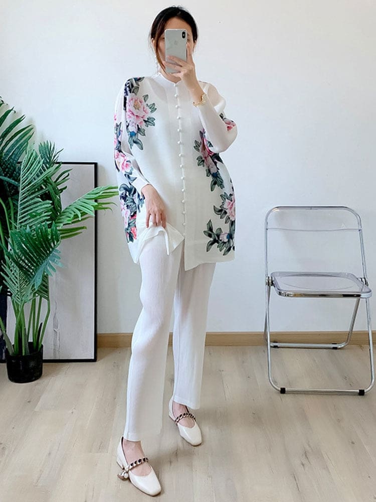 Miyake Pleated Floral Print Women Set One Size / White CO ORD Sets