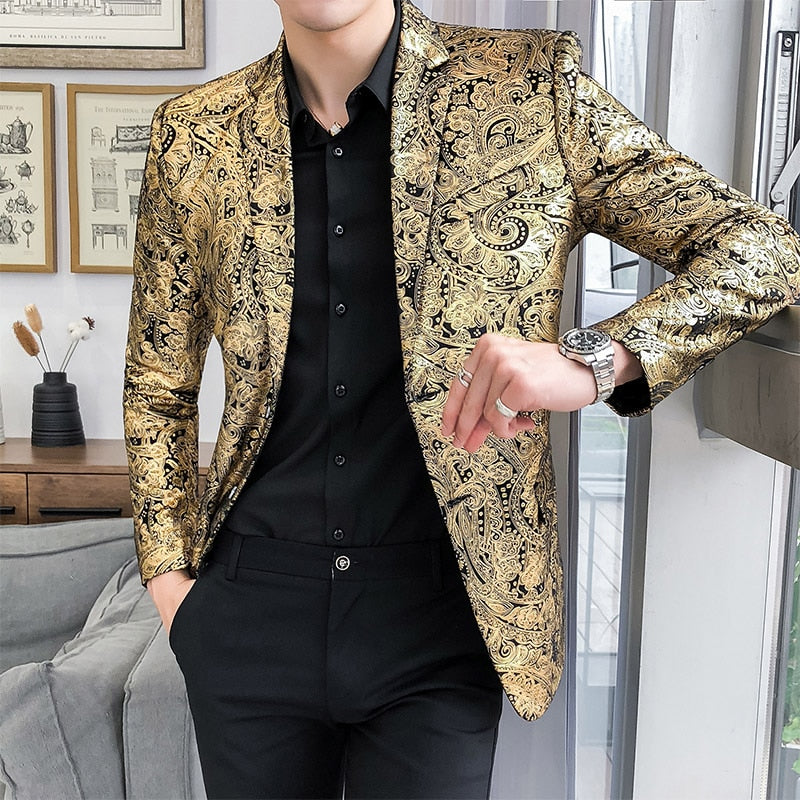 men paisley floral jackets wine red golden stage suit jacket elegant wedding mens blazer
