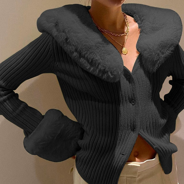 ribbed knitted cardigans with fur trim collar long sleeve