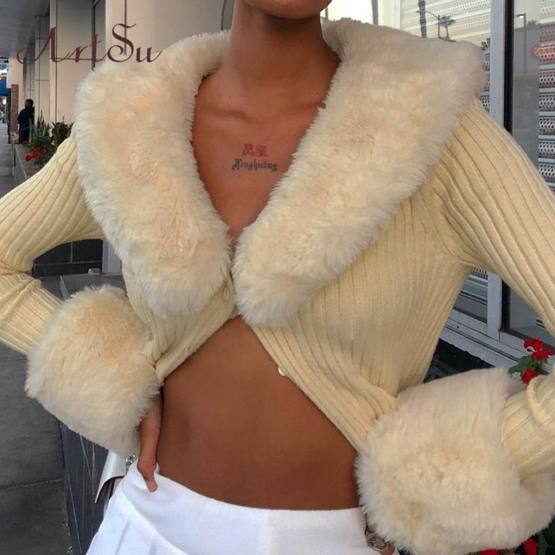 ribbed knitted cardigans with fur trim collar long sleeve