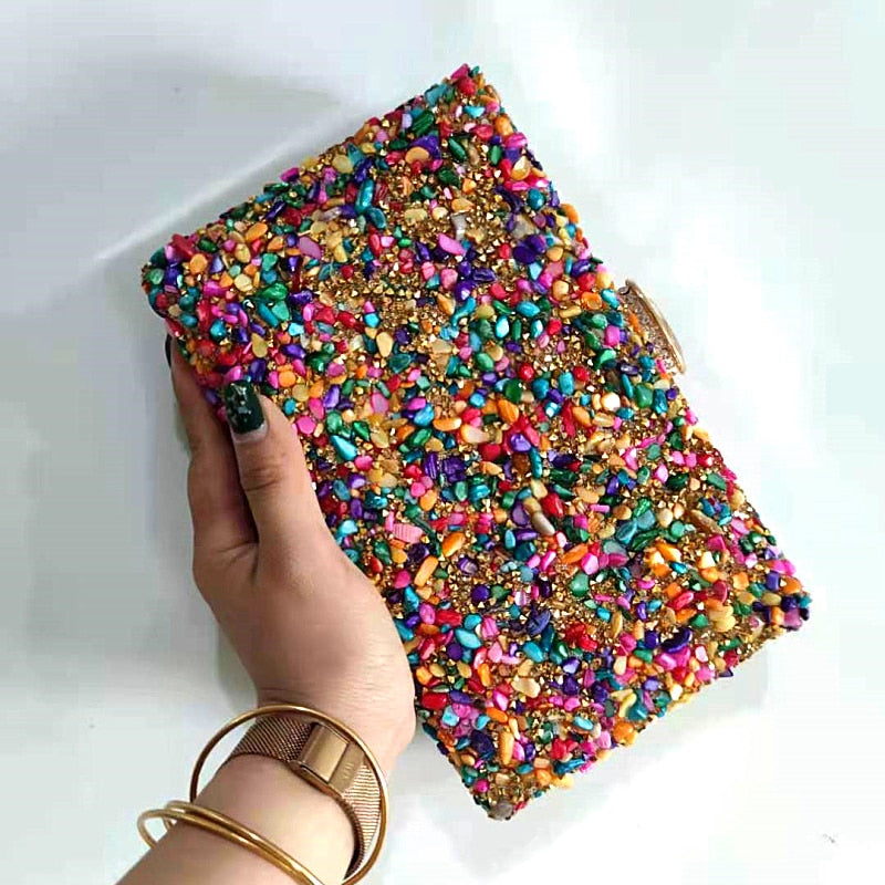 bohemian stone evening bags candy color rhinestones day clutch new design female handbags chain purse