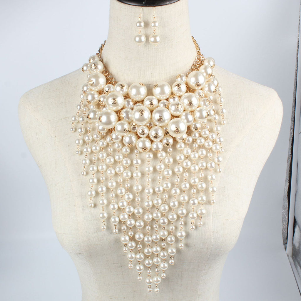 big multi-layer imitation pearl tassel statement exaggerate jewelry
