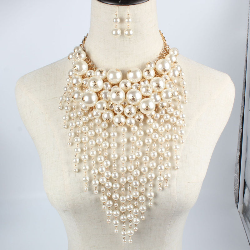 big multi-layer imitation pearl tassel statement exaggerate jewelry