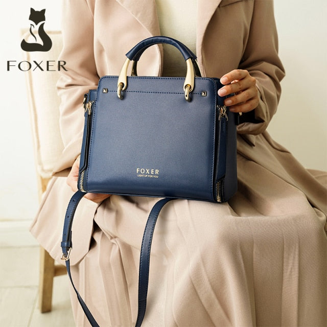 foxer women fashion cow leather handbag top handle purse commute crossbody bag elegant ladies shoulder bag female totes