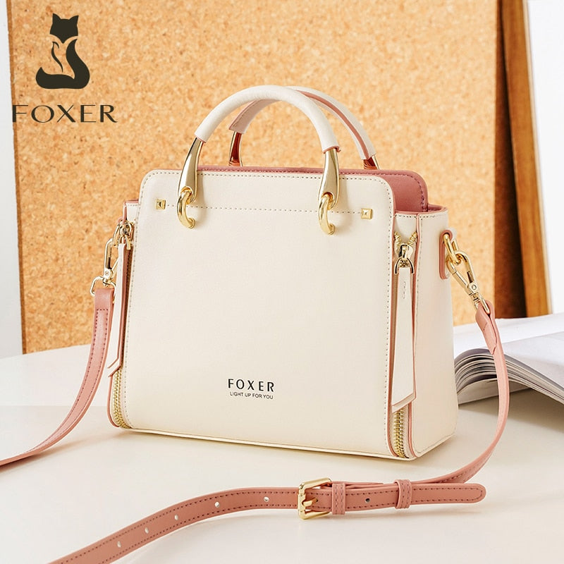 foxer women fashion cow leather handbag top handle purse commute crossbody bag elegant ladies shoulder bag female totes