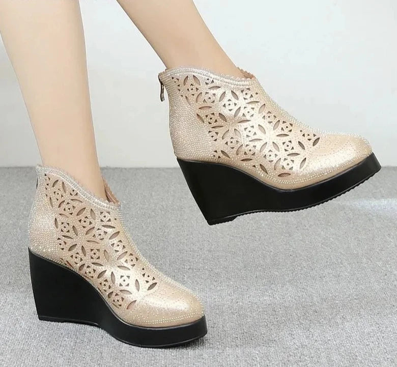 Genuine Leather Rhinestones Summer New Mesh Boots For Women