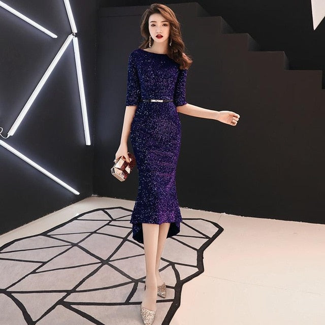 luxury sequins pleated dress cheongsam round neck with lace