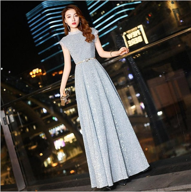 luxury sequins pleated dress cheongsam round neck with lace