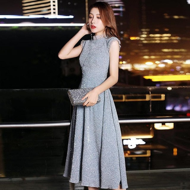 luxury sequins pleated dress cheongsam round neck with lace