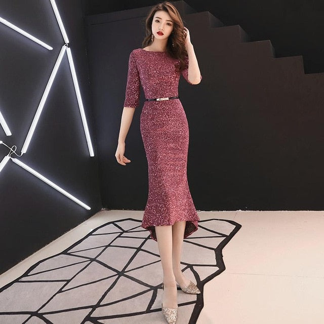 luxury sequins pleated dress cheongsam round neck with lace