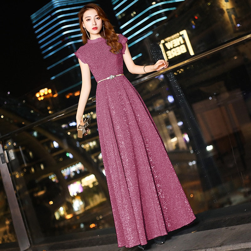 luxury sequins pleated dress cheongsam round neck with lace