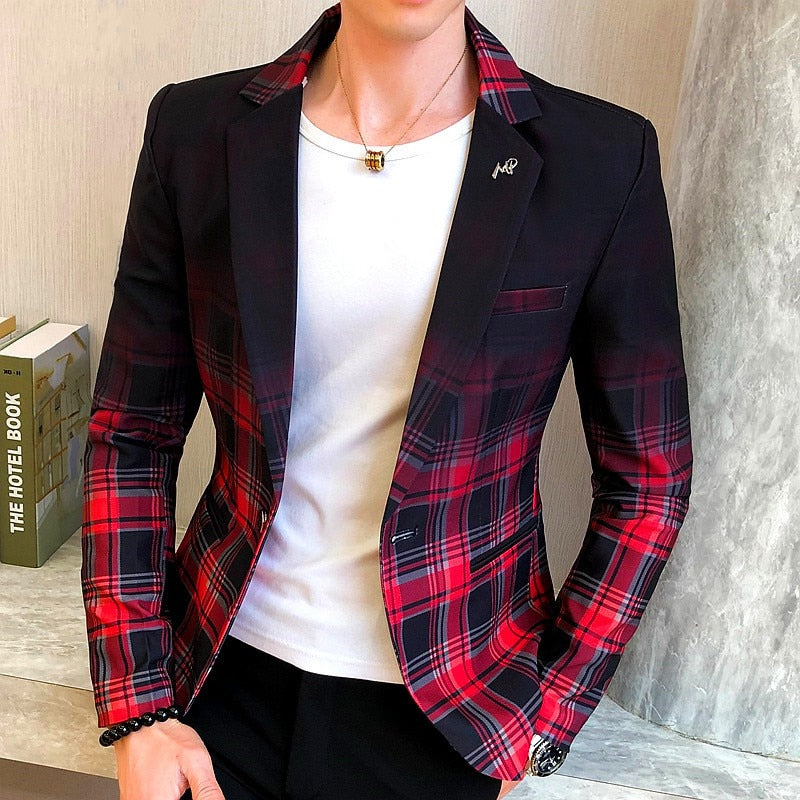 men blazer spring new colorblock plaid blazer men slim casual man blazers wedding business party