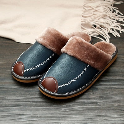 men winter pu leather slippers