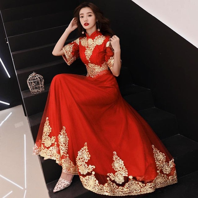 classic elegant lace embroidery cheongsam o-neck women dress