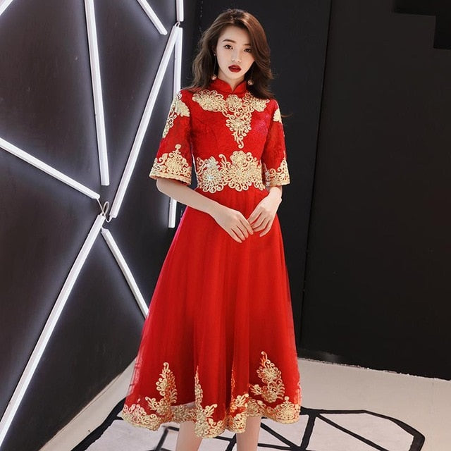 classic elegant lace embroidery cheongsam o-neck women dress