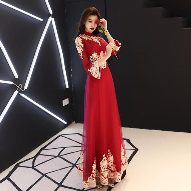 classic elegant lace embroidery cheongsam o-neck women dress