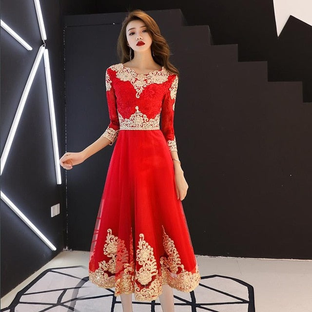 classic elegant lace embroidery cheongsam o-neck women dress