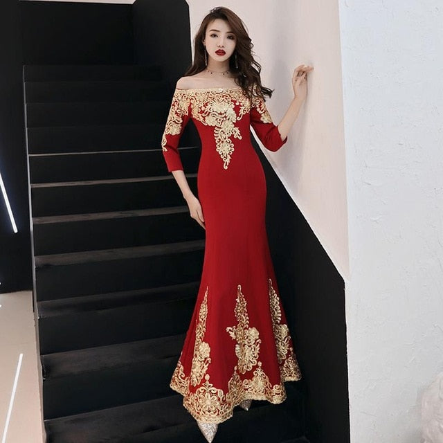 classic elegant lace embroidery cheongsam o-neck women dress