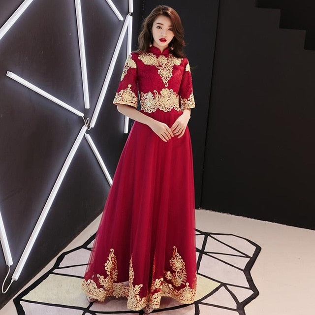 classic elegant lace embroidery cheongsam o-neck women dress