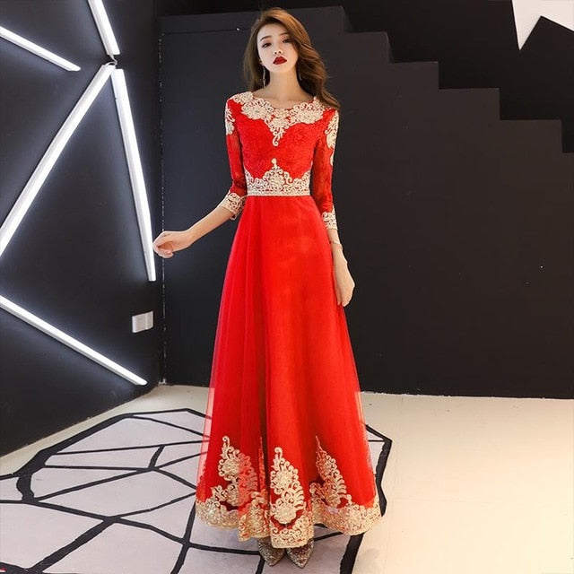 classic elegant lace embroidery cheongsam o-neck women dress