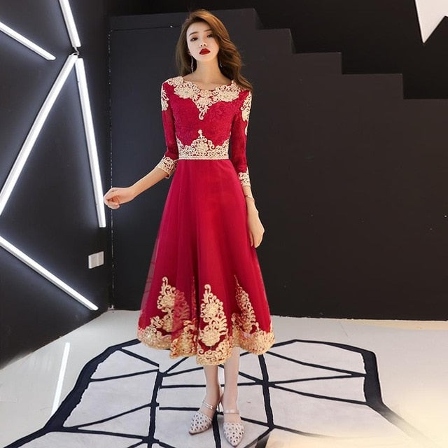 classic elegant lace embroidery cheongsam o-neck women dress