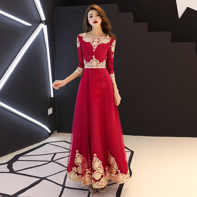 classic elegant lace embroidery cheongsam o-neck women dress