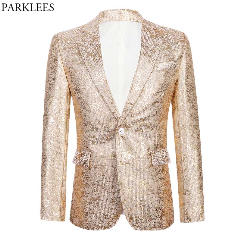 shiny gold metallic glitter suit jacket men brand new one button peak lapel mens blazers wedding party stage costume