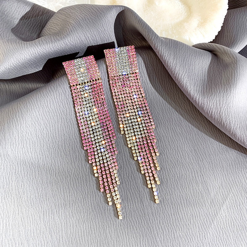 crystal long tassel shiny rhinestone drop earrings