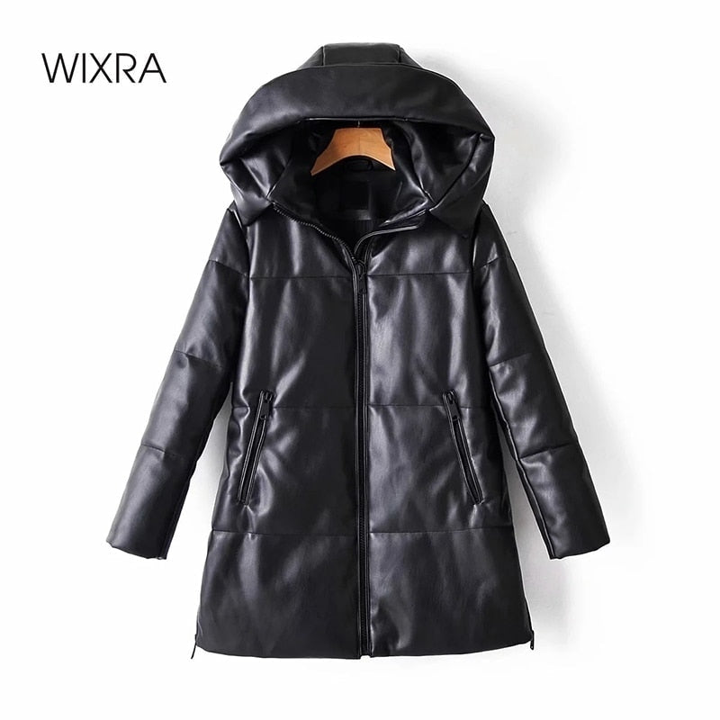 wixra solid pu waterproof leather cotton jacket hooded for women