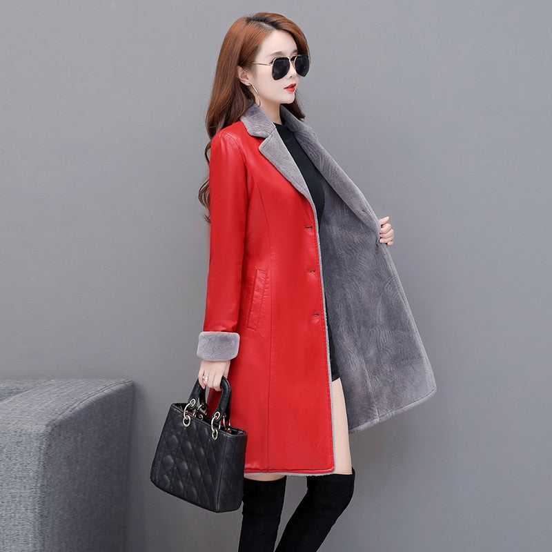 winter fashion thicken women leather and velvet coat