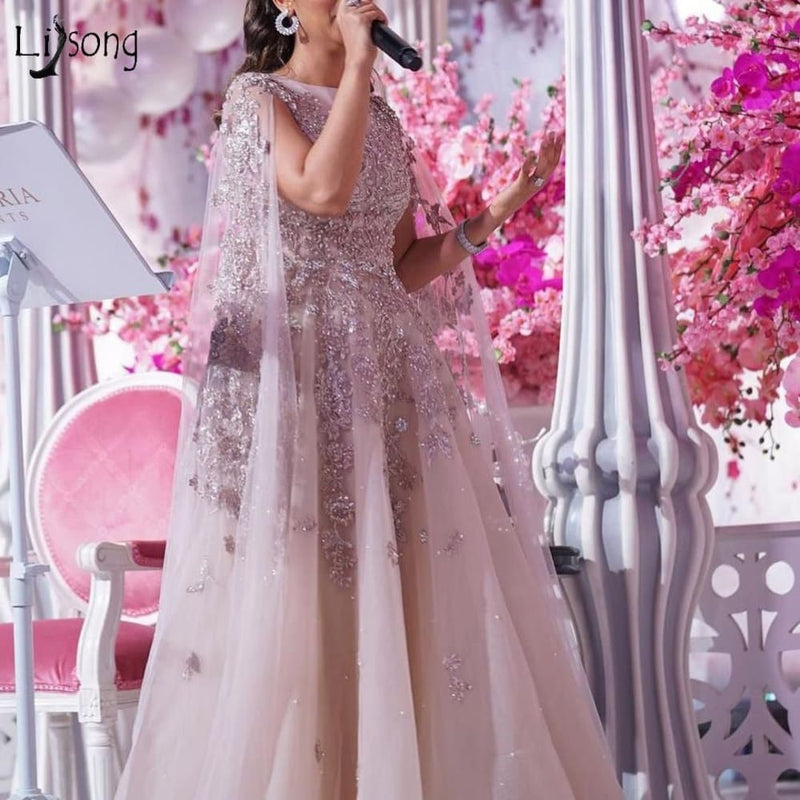 arabic blush pink beaded lace luxury evening dresses with cloak