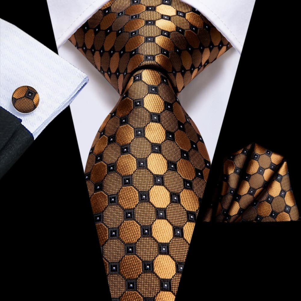 black gold orange dot paisley silk handy cufflink tie for men