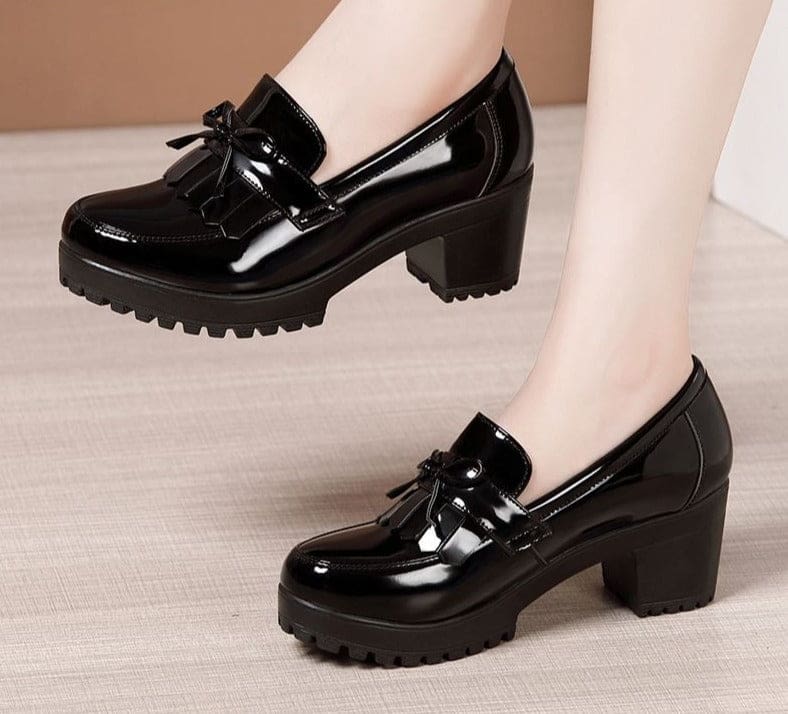 bowknot slip on tassels thick heels vintage fashion shoes