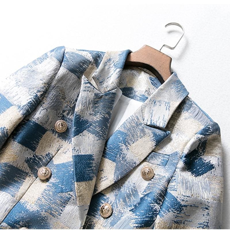 brand new unique designing runway women notched double breasted plaid graffiti printing casual blazer jacket