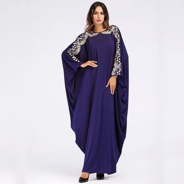 casual muslim abaya embroidery sequined maxi dress navy blue / one size