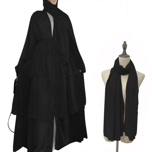 Chiffon Open Abaya Dubai Kaftan Women Dresses Black With Hijab / L HIJAB & BURKA