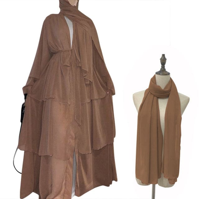Chiffon Open Abaya Dubai Kaftan Women Dresses Brown With Hijab / XXL HIJAB & BURKA
