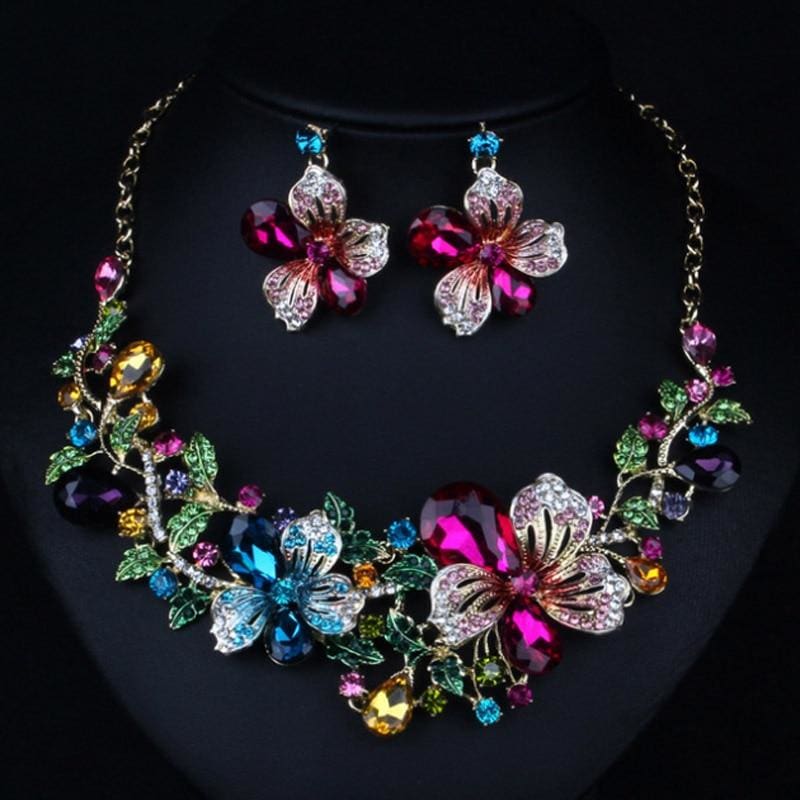 classic colorful enamel flower necklace with earring jewelry sets